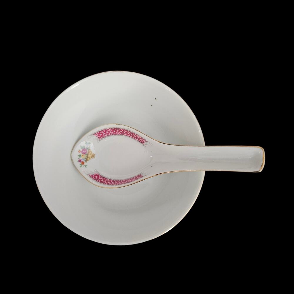 Vintage Chinese Porcelain Bowl and Spoon Set Pink Floral Gold Trim Stained